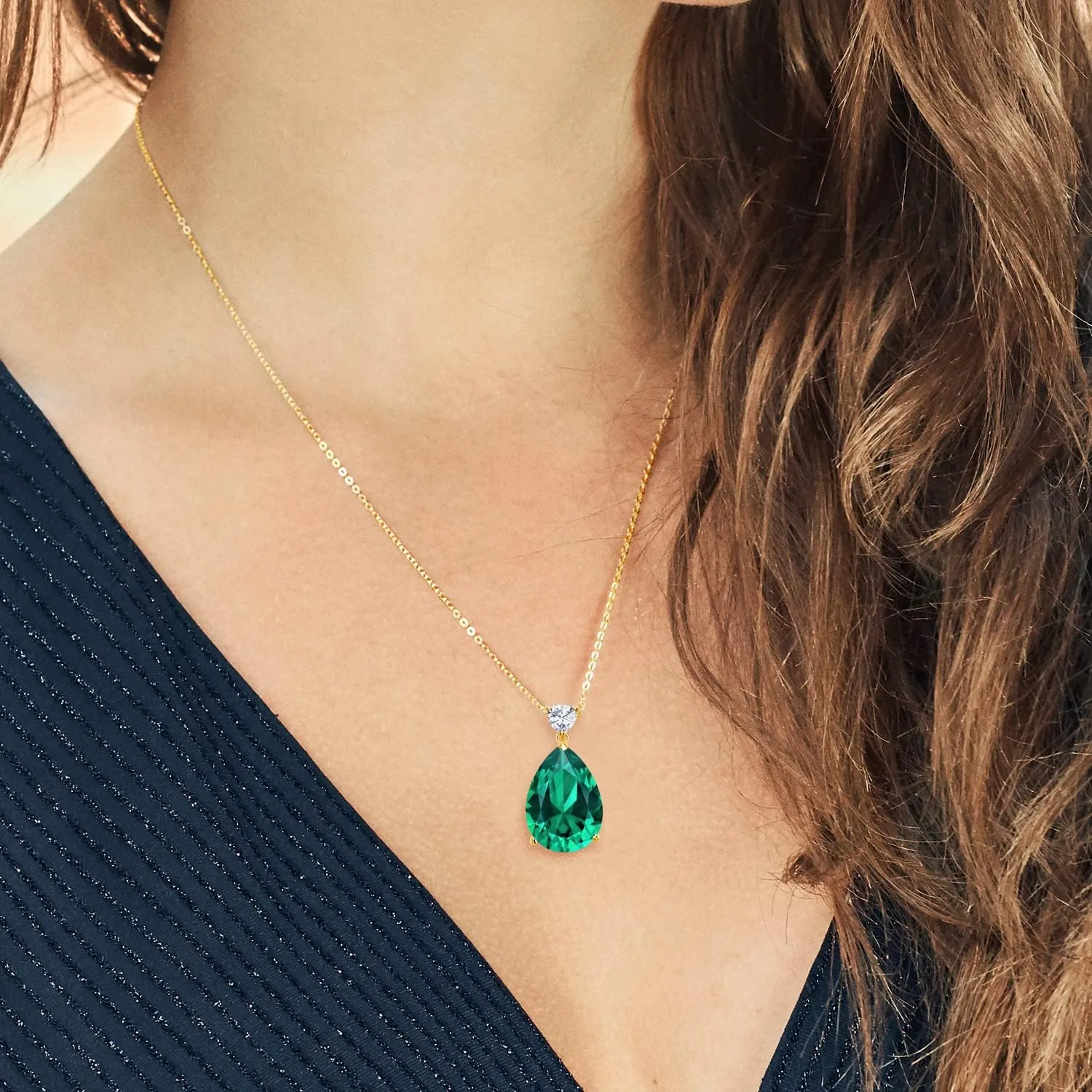 Gem Stone King Gemstone Birthstone and White Moissanite Teardrop Pendant Necklace for Women | 18K Yellow Gold Plated Silver | 18X13MM Pear Shape | 5MM Trillion Accent | 18-Inch Cable Chain