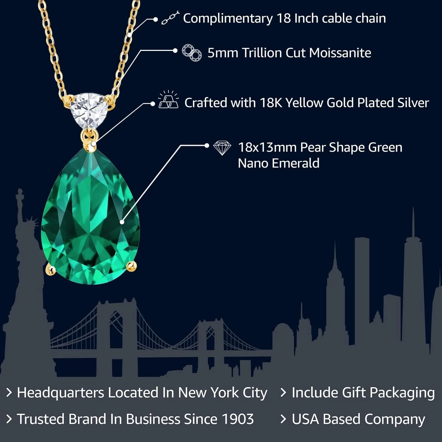 Gem Stone King Gemstone Birthstone and White Moissanite Teardrop Pendant Necklace for Women | 18K Yellow Gold Plated Silver | 18X13MM Pear Shape | 5MM Trillion Accent | 18-Inch Cable Chain