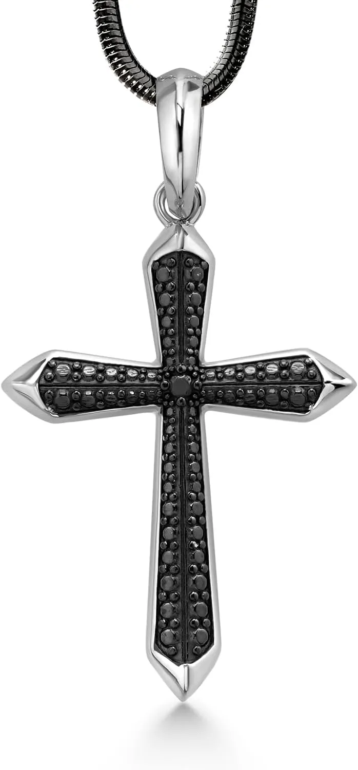 Gem Stone King Shiny and Black Plated Stainless Steel Cross Pendant Necklace For Men (35x25MM, Comes with 24 Inch Black or White Snake Chain)