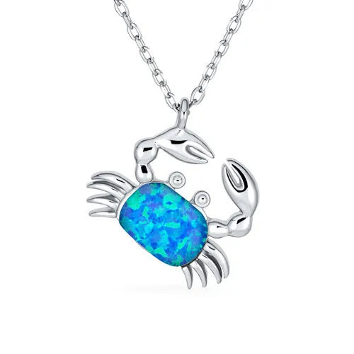 Gemstone Blue Opal Crab Pendant Necklace Sterling Silver October Birthstone