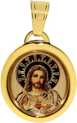 Genuine 14k Yellow Gold and Enamel 0.70" Sacred Heart of Jesus Religious Pendant For Men or Women - Christian Jewelry, Religious Gifts
