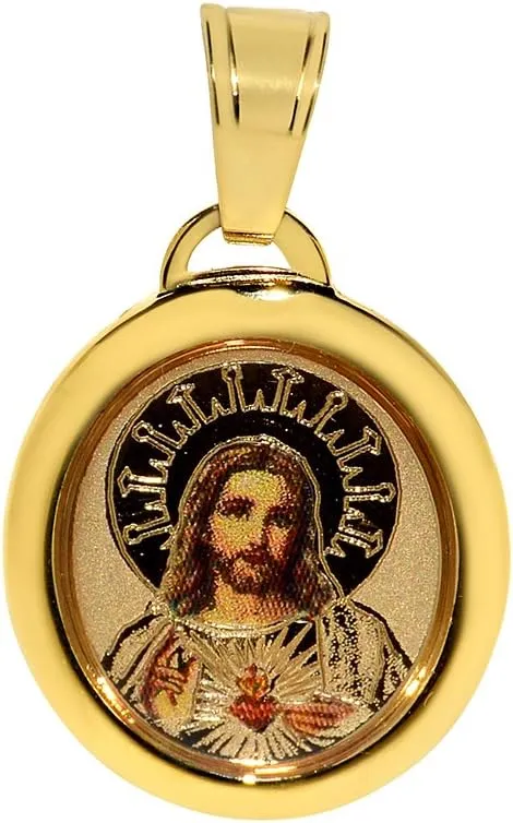 Genuine 14k Yellow Gold and Enamel 0.70" Sacred Heart of Jesus Religious Pendant For Men or Women - Christian Jewelry, Religious Gifts