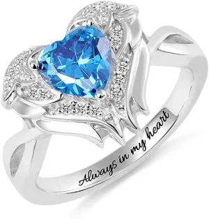 Getname Sterling Silver 925 Angel Wings Birthstone Couple Wedding Engagement Ring