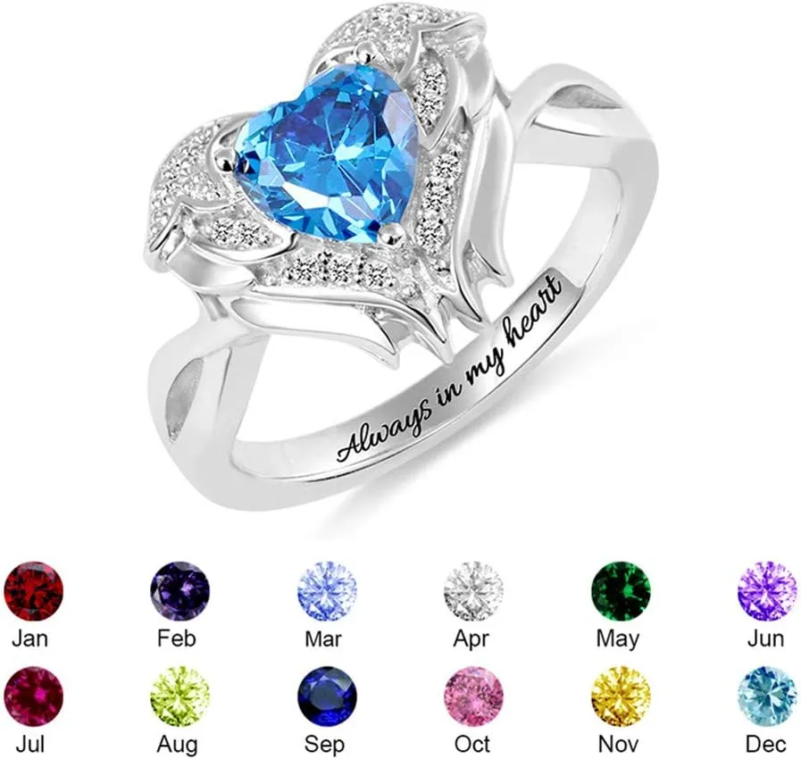 Getname Sterling Silver 925 Angel Wings Birthstone Couple Wedding Engagement Ring