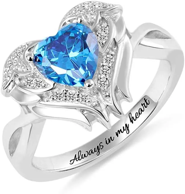 Getname Sterling Silver 925 Angel Wings Birthstone Couple Wedding Engagement Ring