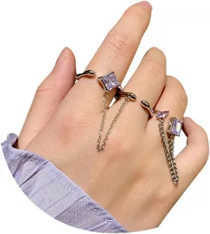 GIGB PBDK Purple Crystal Chain Knuckle Ring Sets Chunky Silver Open Adjustable Square Zircon Rings Geometric Finger Rings Set Y2k Jewelry Gifts