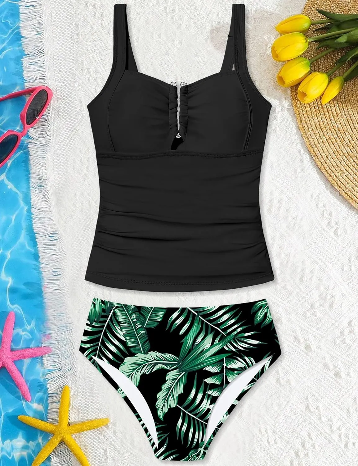 Girls Swimsuit Two Piece U-Shaped Ring Linked Cutout Ruched Tankini for Girls Bathing Suit Tropical Swim Shorts 9-16Y