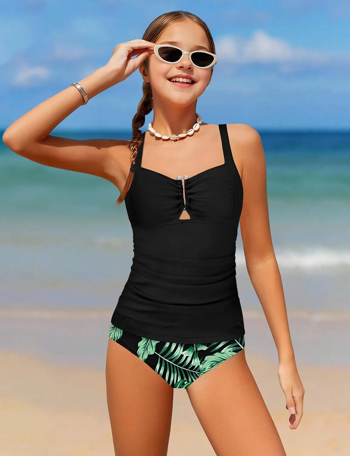 Girls Swimsuit Two Piece U-Shaped Ring Linked Cutout Ruched Tankini for Girls Bathing Suit Tropical Swim Shorts 9-16Y