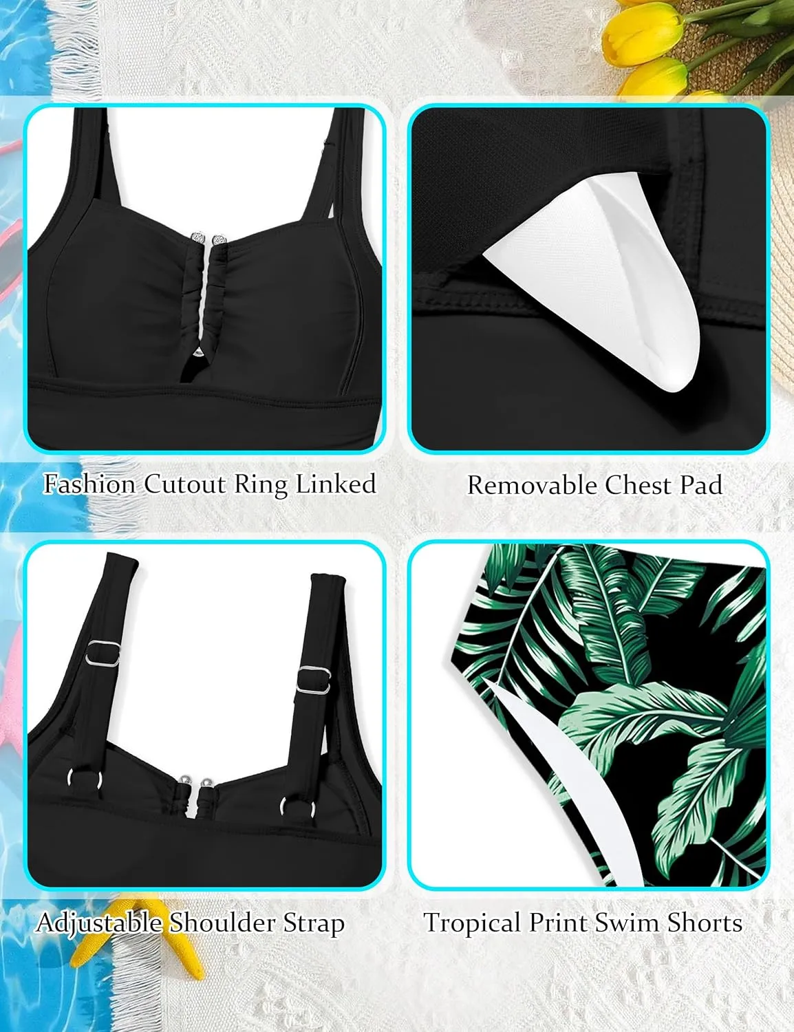 Girls Swimsuit Two Piece U-Shaped Ring Linked Cutout Ruched Tankini for Girls Bathing Suit Tropical Swim Shorts 9-16Y