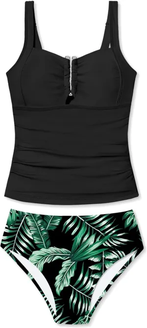 Girls Swimsuit Two Piece U-Shaped Ring Linked Cutout Ruched Tankini for Girls Bathing Suit Tropical Swim Shorts 9-16Y
