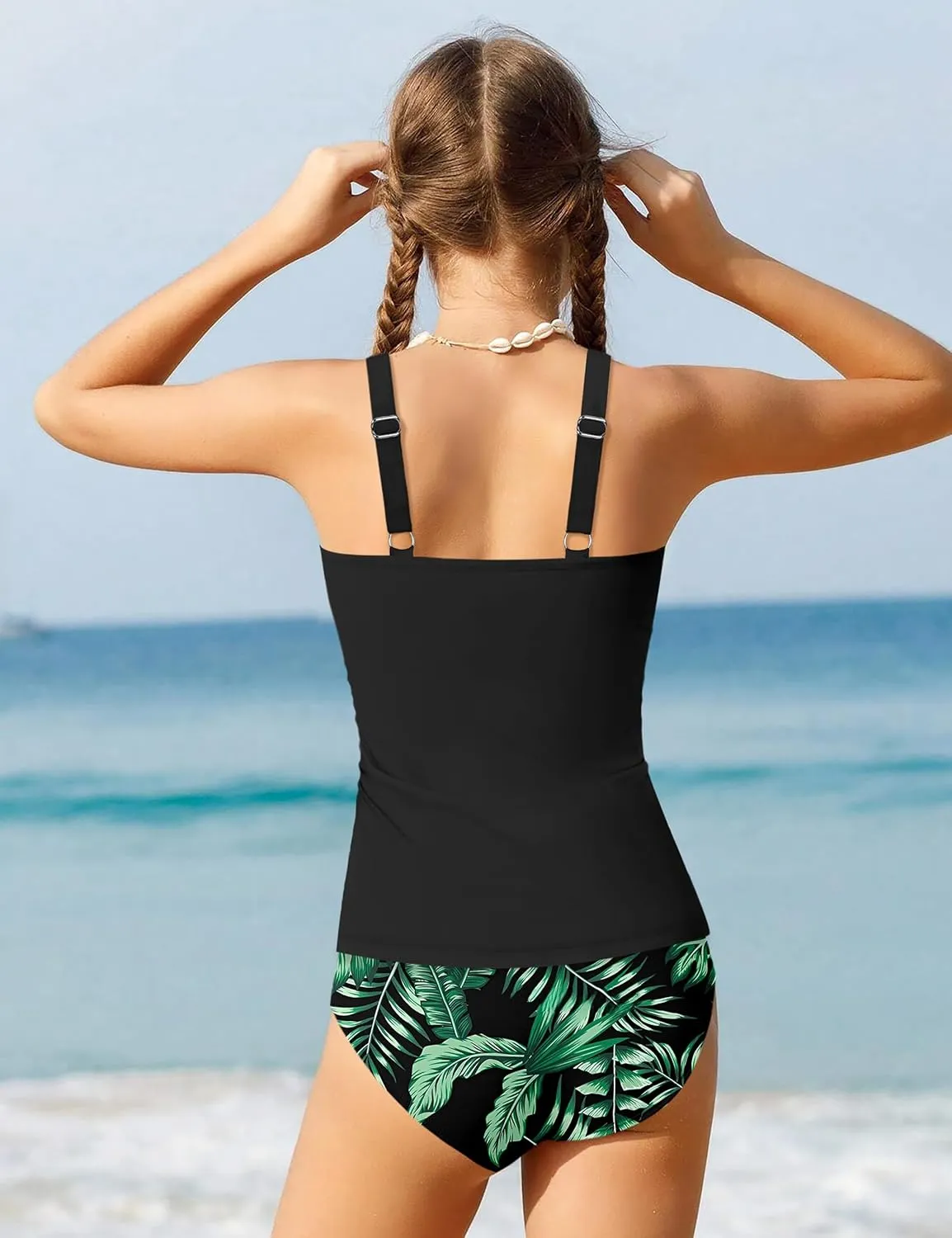 Girls Swimsuit Two Piece U-Shaped Ring Linked Cutout Ruched Tankini for Girls Bathing Suit Tropical Swim Shorts 9-16Y