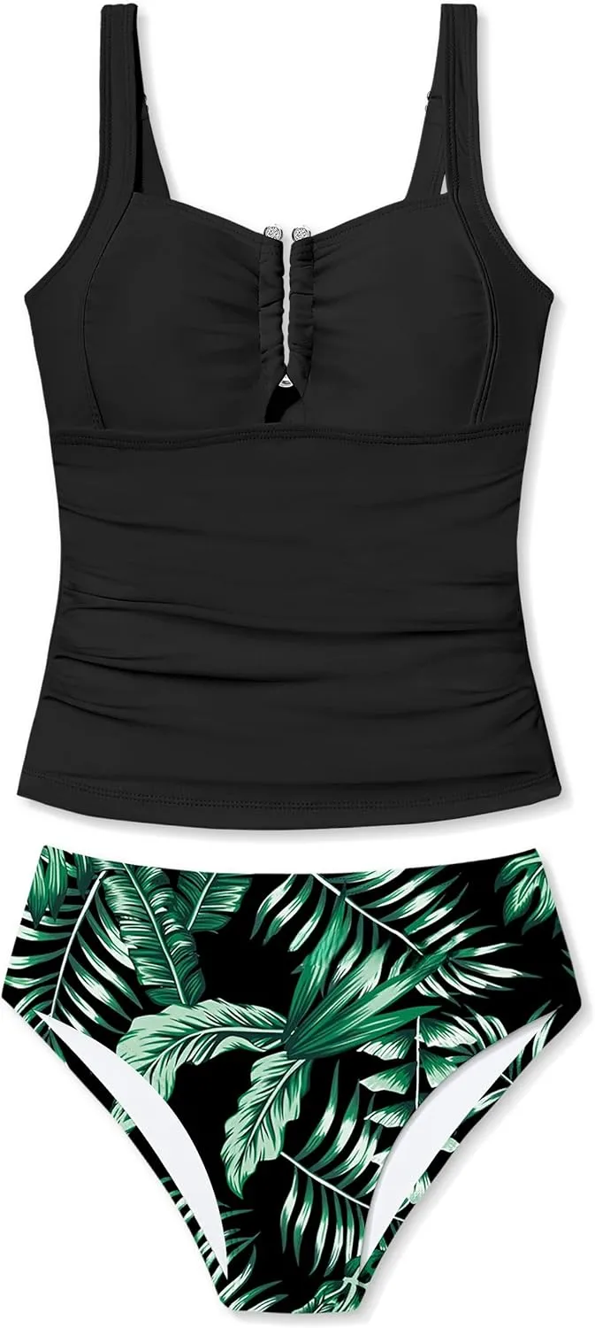 Girls Swimsuit Two Piece U-Shaped Ring Linked Cutout Ruched Tankini for Girls Bathing Suit Tropical Swim Shorts 9-16Y