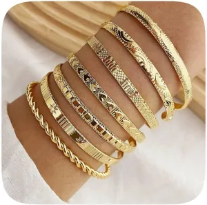 Gold Bracelet Stack for Women Girls Bangle Cuff Stackable Bracelets Trendy Jewelry Set Gold Silver Plated Adjustable Arm Cuff Bracelets Gift for Her