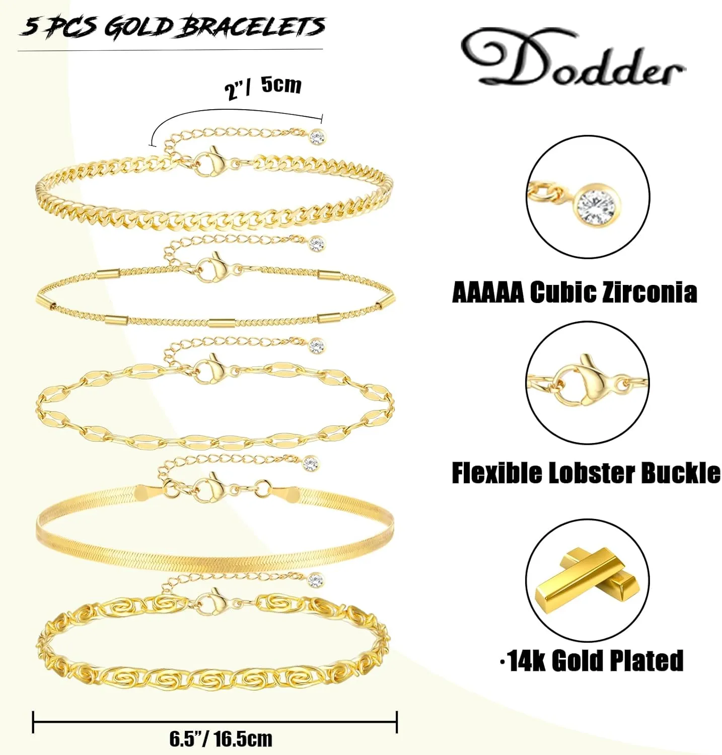 Gold Bracelets for Women, Dainty 14K Gold Plated Stackable Link, Trendy Adjustable Cuban Beaded Gold Chain Bracelet Stack Set