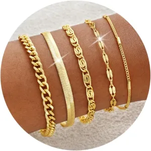 Gold Bracelets for Women, Dainty 14K Gold Plated Stackable Link, Trendy Adjustable Cuban Beaded Gold Chain Bracelet Stack Set
