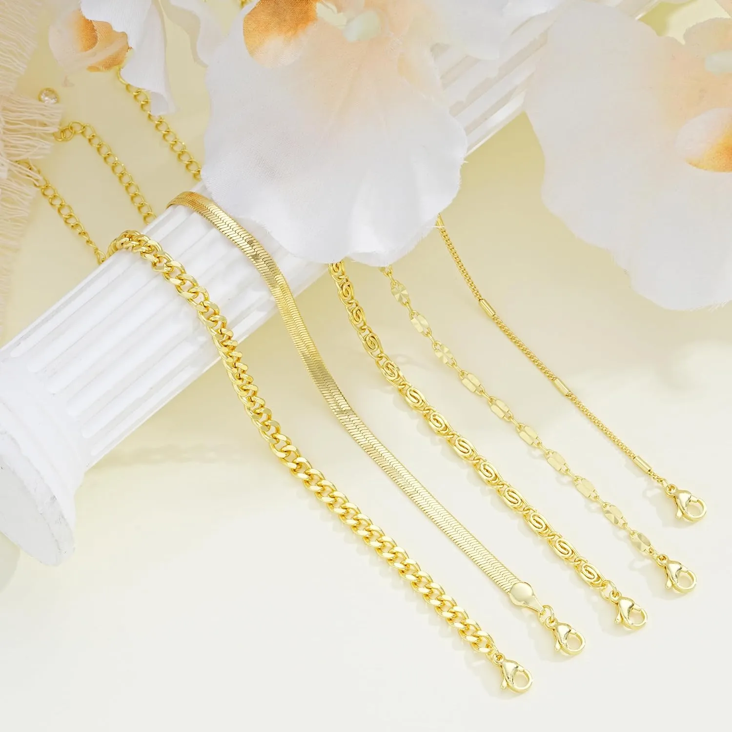 Gold Bracelets for Women, Dainty 14K Gold Plated Stackable Link, Trendy Adjustable Cuban Beaded Gold Chain Bracelet Stack Set