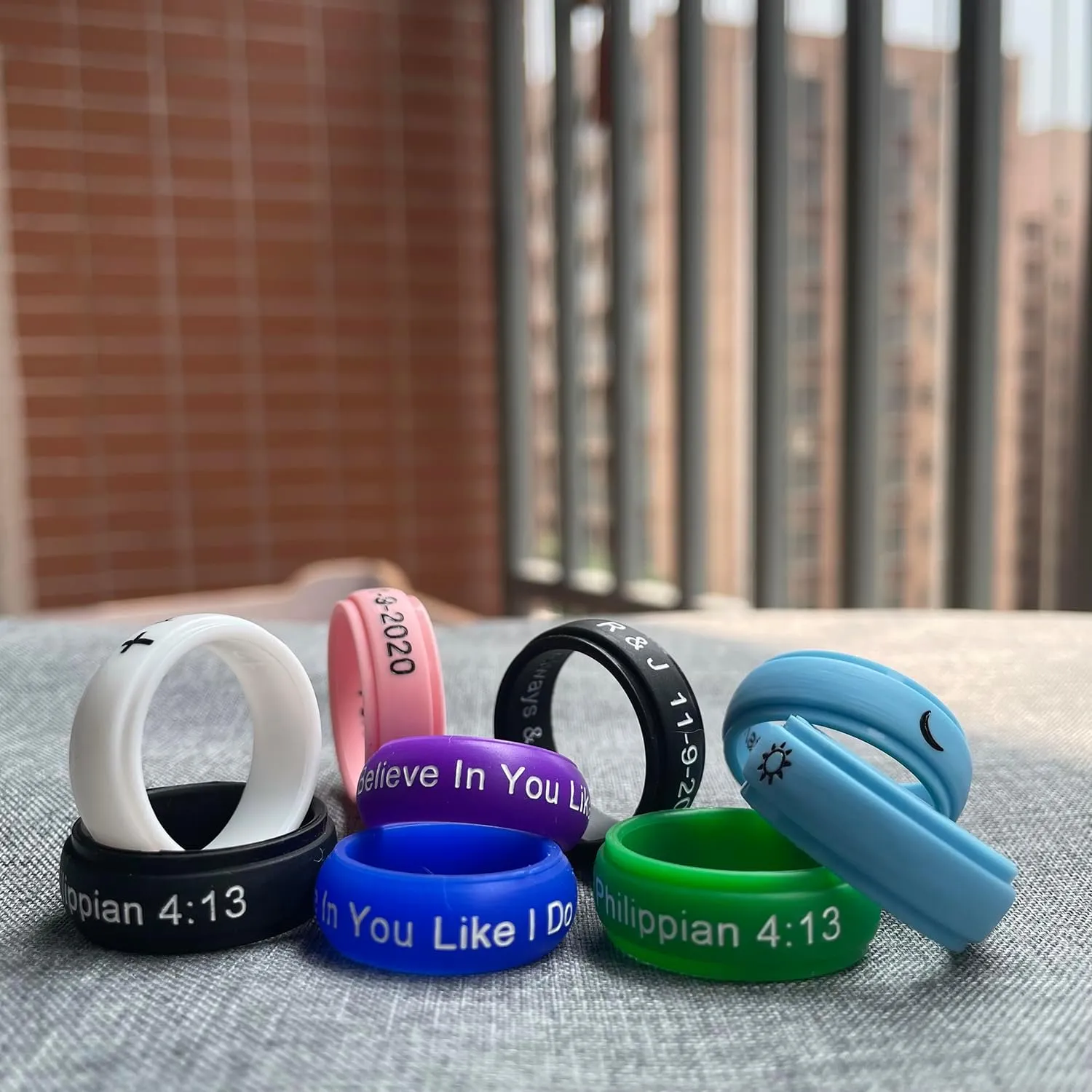 Gold Colorful Christian Free Engraved Motivational Silicone Rings I Love JESUS Engagement Rubber Rings Bible Verse Quote Jewelry, Size 6 to 14