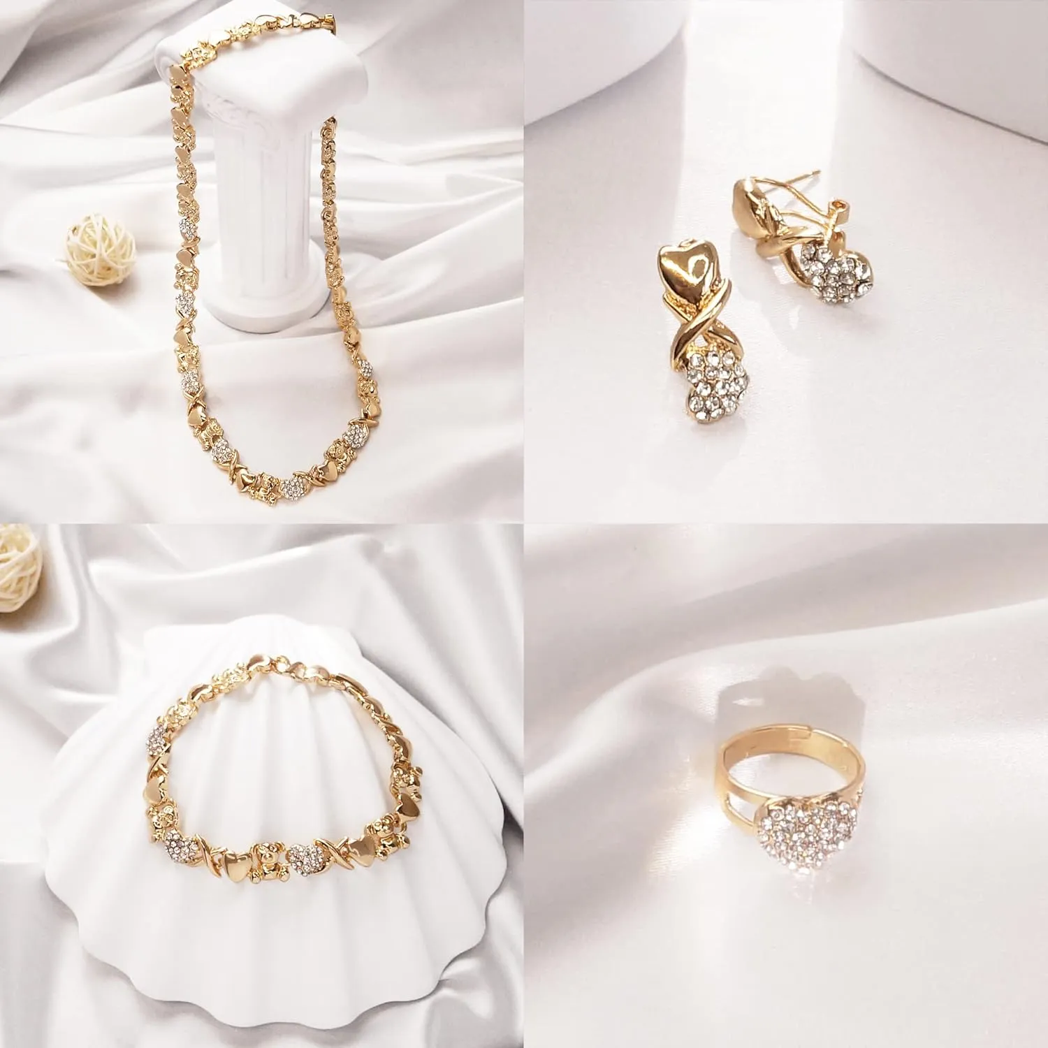 Gold Jewelry Sets for Women 18K Gold/Silver Filled Jewelry Necklace Set Wedding Bridal Fashion Jewelry Sets Women Accessories Bracelets Earrings and Rings Sweetheart Gifts