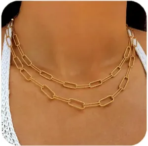 Gold Necklace for Women,18K Paperclip Chain Link Necklace Stack Layered Paperclip Necklaces Trendy Cuban Herringbone Snake Chain Necklaces Set Boho Summer Beach Jewelry