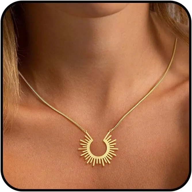 Gold Pendant Necklaces for Women Trendy, Dainty 14k Gold Plated Sun Charm Necklace for Women Cubic Zirconia Moon Choker Necklace Waterproof Beach Gold Jewelry for Women Fashion Christmas Gifts