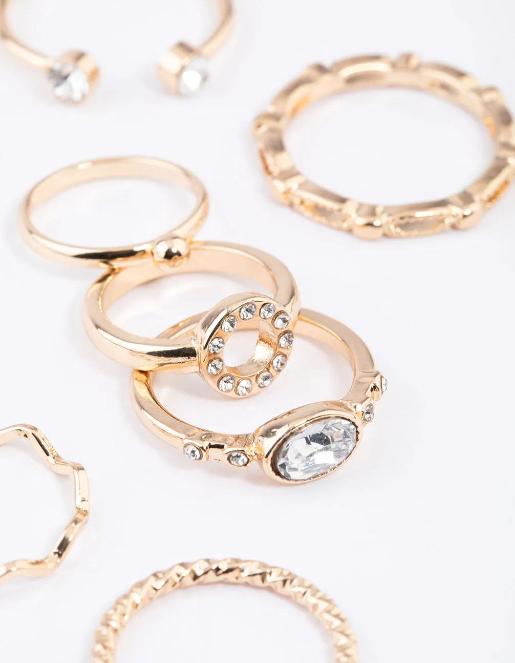 Gold Round Open Diamante Ring 7-Pack
