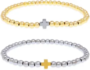 Gold Silver Beaded Stack Stretch Matching Bracelets Set for Women, Dainty 2 Pcs Boho Handmade Cross Stackable Couple Bracelet Fashion Jewelry Gift.