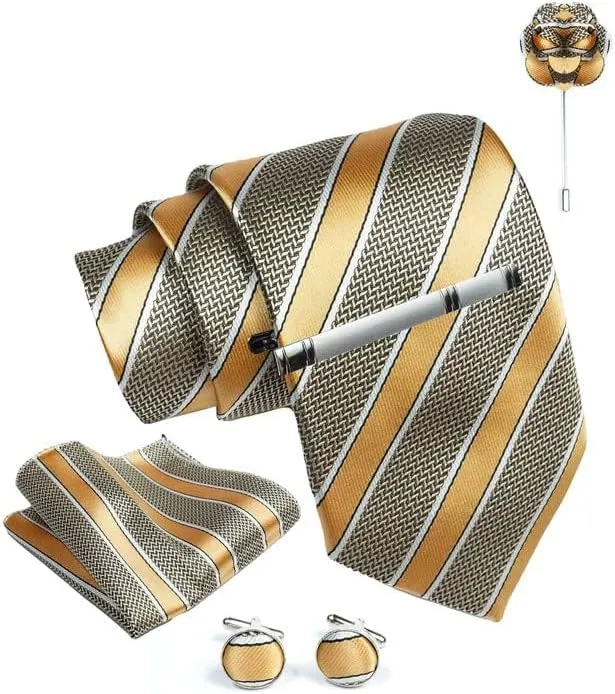 Gold Striped Ties For Men  Tie Set With Pocket Square Cufflinks Tie Clip Bar & Flower Brooch Pin For Mens (Pack of 5) (AXTS74)