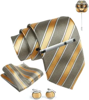Gold Striped Ties For Men  Tie Set With Pocket Square Cufflinks Tie Clip Bar & Flower Brooch Pin For Mens (Pack of 5) (AXTS74)