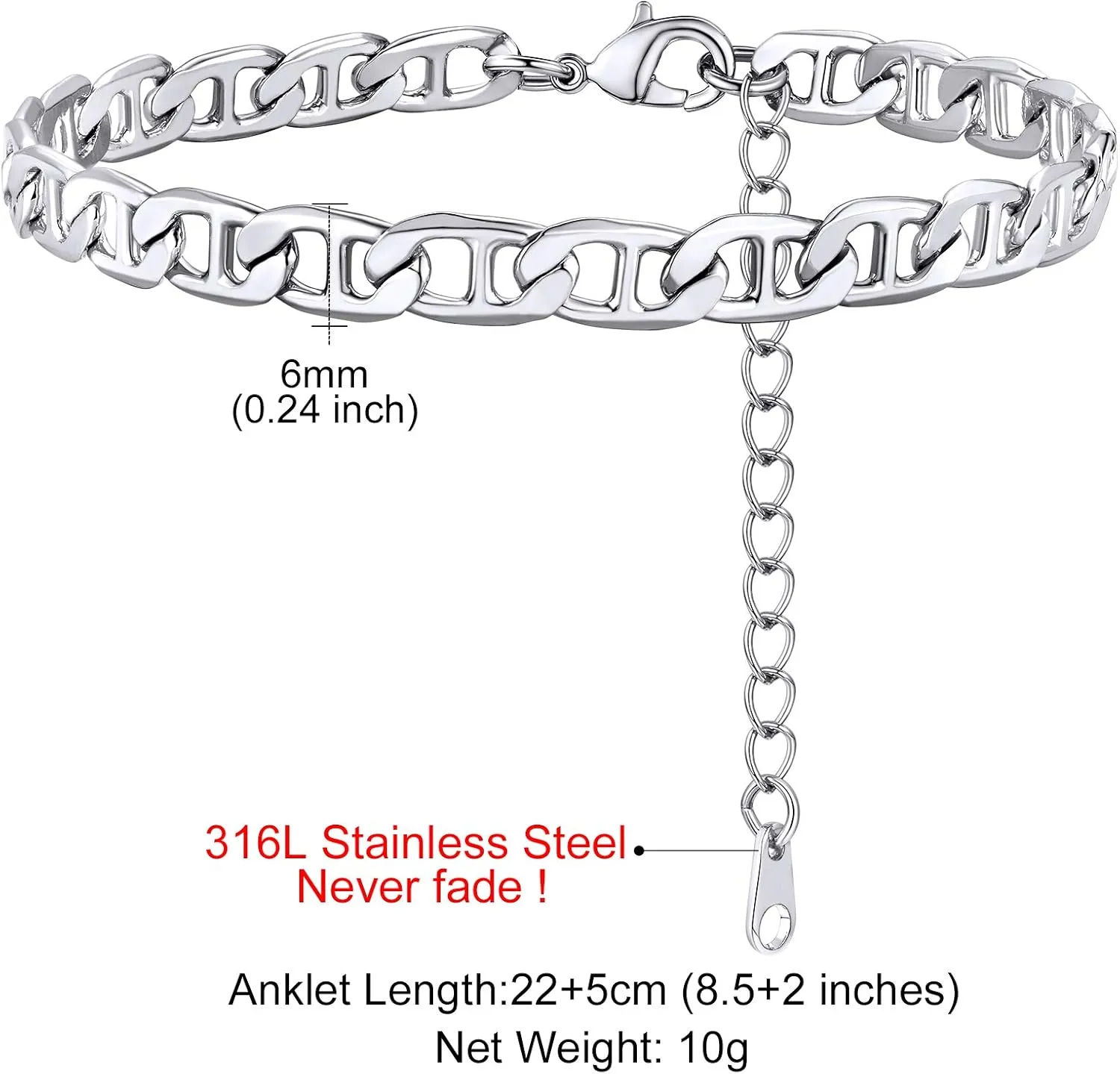 GoldChic Adjustbale Link Chain Anklet for Women Summer Jewelry, 316L Stainless Steel Figaro/Wheat/Twist Rope/Cuban Foot Bracelet-Waterproof, Resizable 9"-12" (Gift Box Included)