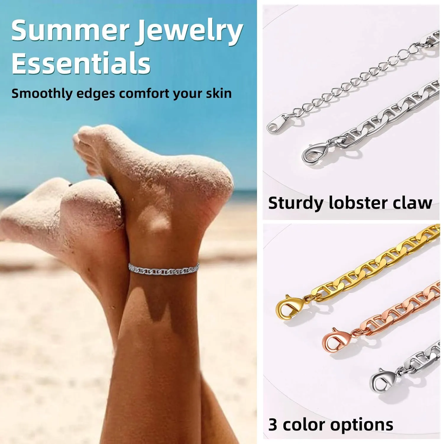 GoldChic Adjustbale Link Chain Anklet for Women Summer Jewelry, 316L Stainless Steel Figaro/Wheat/Twist Rope/Cuban Foot Bracelet-Waterproof, Resizable 9"-12" (Gift Box Included)