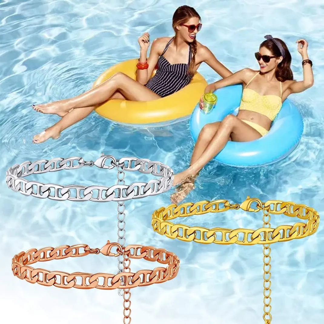 GoldChic Adjustbale Link Chain Anklet for Women Summer Jewelry, 316L Stainless Steel Figaro/Wheat/Twist Rope/Cuban Foot Bracelet-Waterproof, Resizable 9"-12" (Gift Box Included)