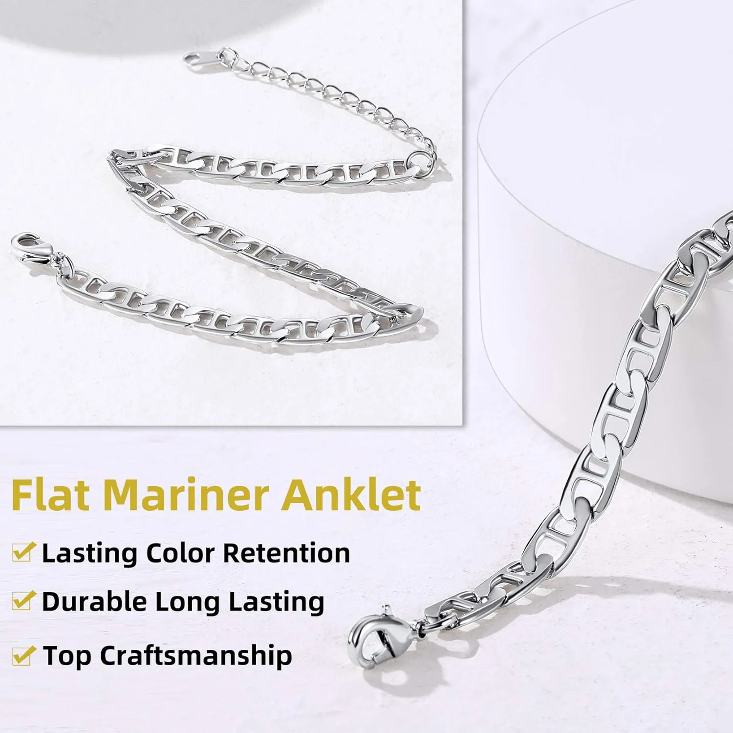 GoldChic Adjustbale Link Chain Anklet for Women Summer Jewelry, 316L Stainless Steel Figaro/Wheat/Twist Rope/Cuban Foot Bracelet-Waterproof, Resizable 9"-12" (Gift Box Included)