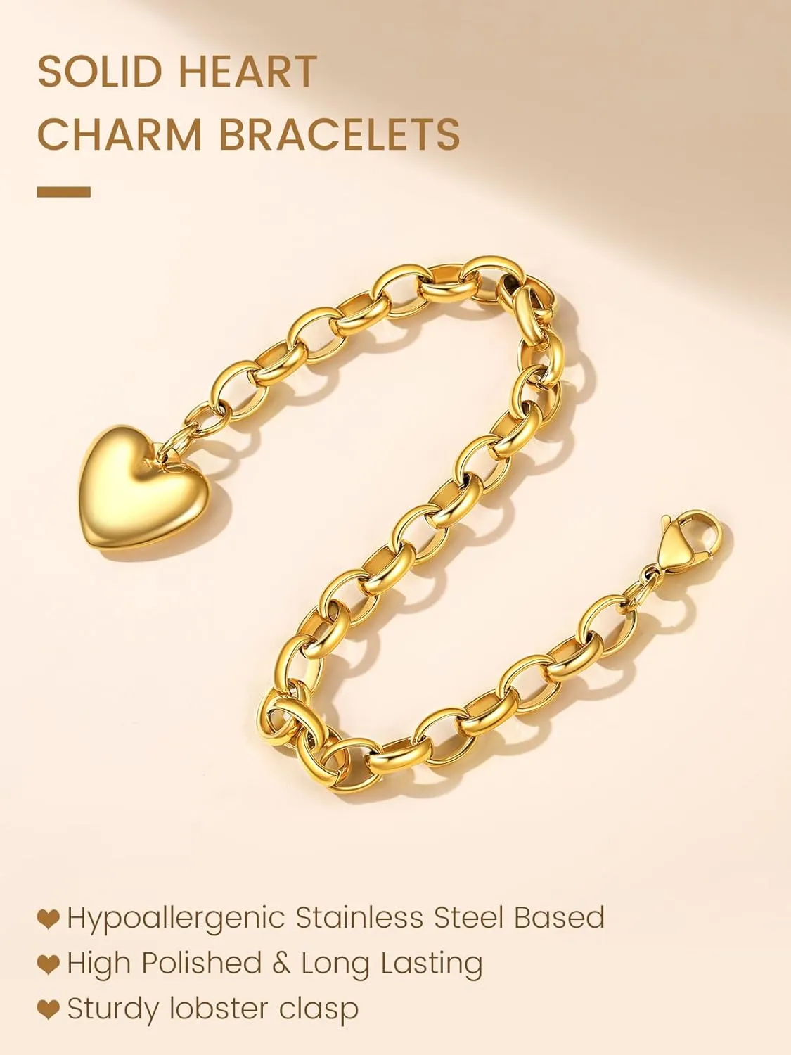 GOLDCHIC JEWELRY Heart Charm Bracelet Adjustable For Women, Stainless Steel Initial Cable Link Letters Mother Daughter Bracelets Jewelry Gifts for Mom (With Box)
