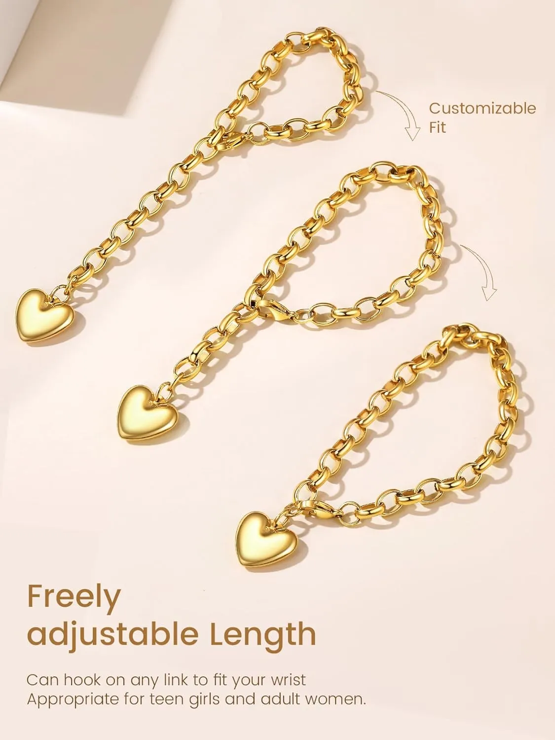 GOLDCHIC JEWELRY Heart Charm Bracelet Adjustable For Women, Stainless Steel Initial Cable Link Letters Mother Daughter Bracelets Jewelry Gifts for Mom (With Box)