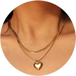 Gold/Silver Layered Necklace Heart Pendant Dainty Herringbone Chain Layering Necklace Choker Necklace Jewelry Gifts for Women