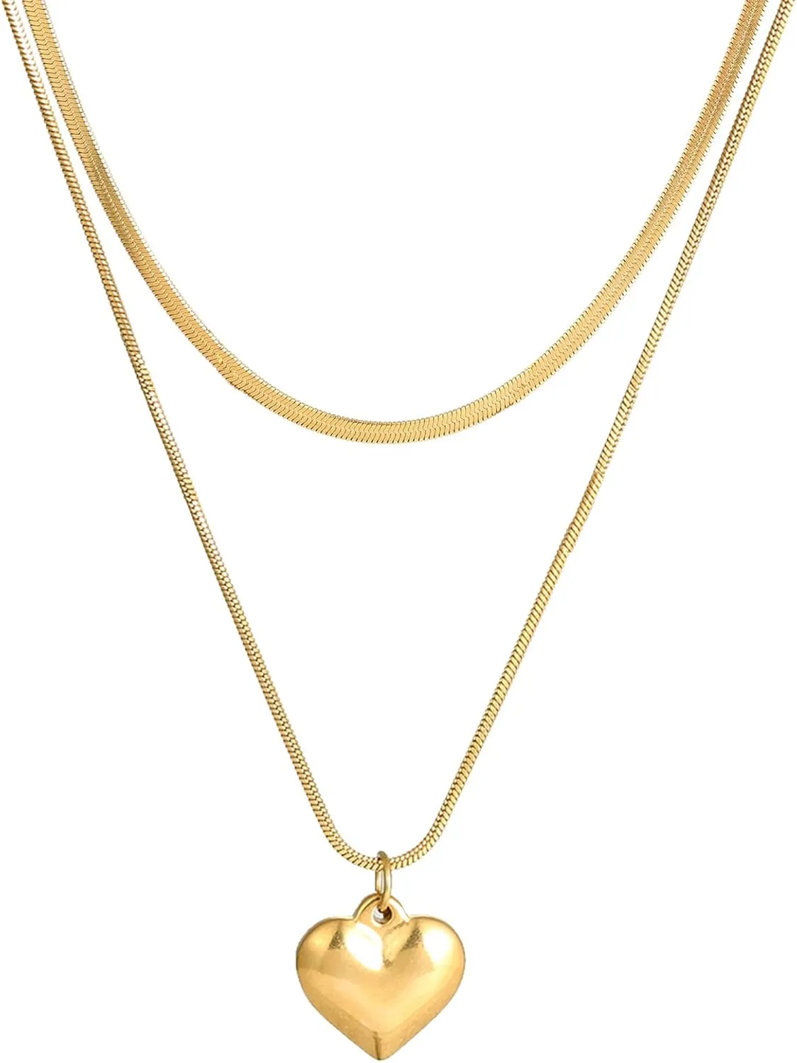 Gold/Silver Layered Necklace Heart Pendant Dainty Herringbone Chain Layering Necklace Choker Necklace Jewelry Gifts for Women