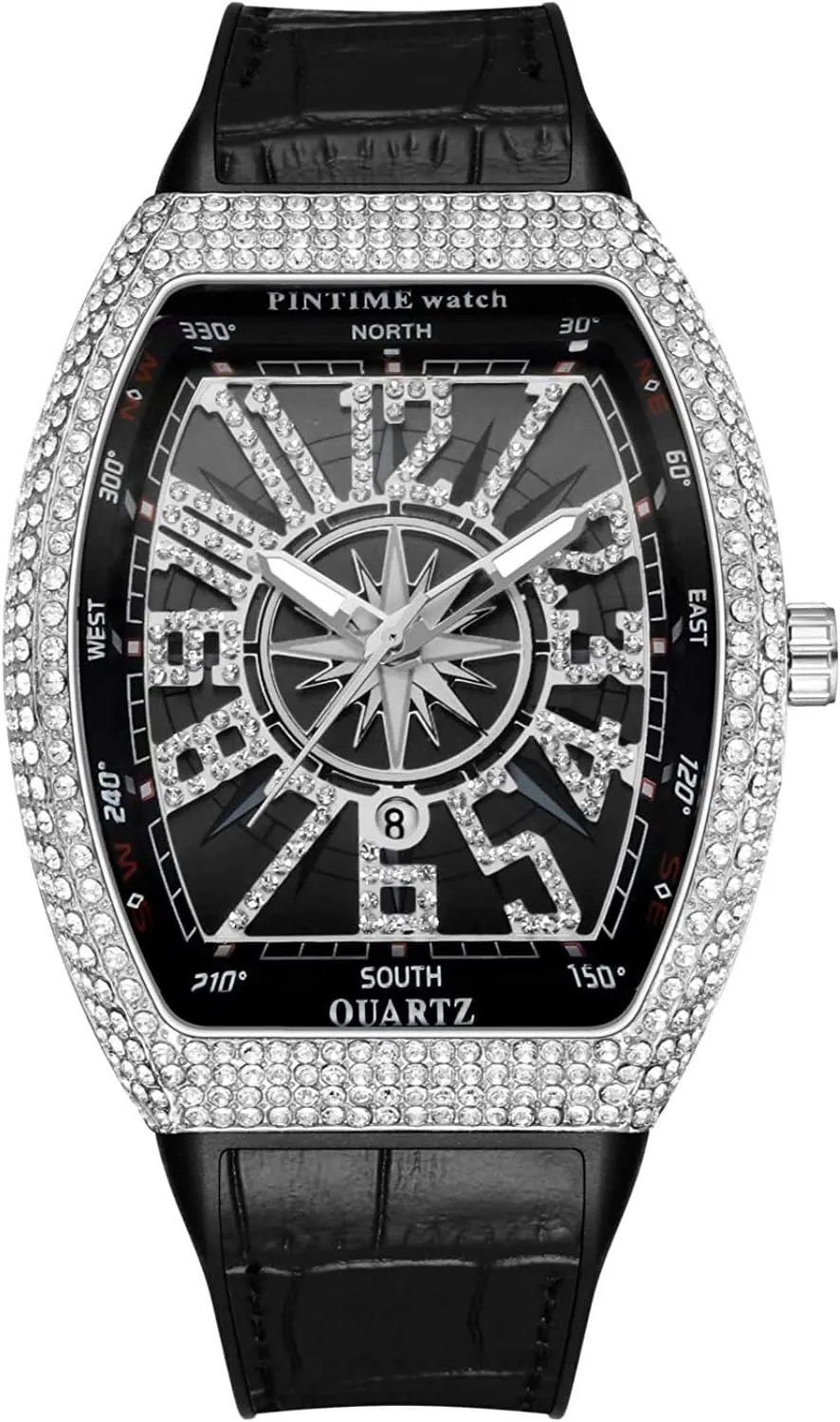 Gosasa Men's Fashion Cool Unique Tonneau Watch Bling Crystal Rhinestone Quartz Wristwatches with Rubber Strap