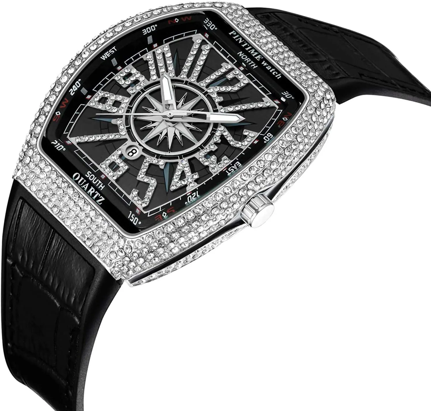 Gosasa Men's Fashion Cool Unique Tonneau Watch Bling Crystal Rhinestone Quartz Wristwatches with Rubber Strap