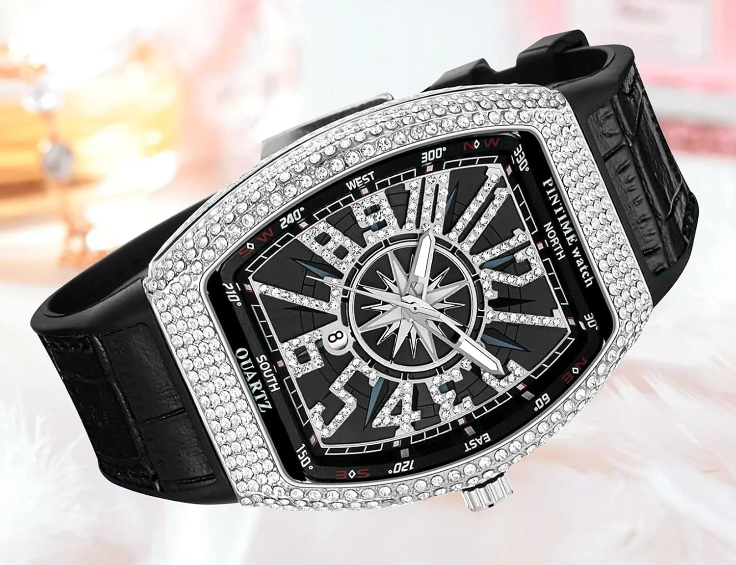 Gosasa Men's Fashion Cool Unique Tonneau Watch Bling Crystal Rhinestone Quartz Wristwatches with Rubber Strap