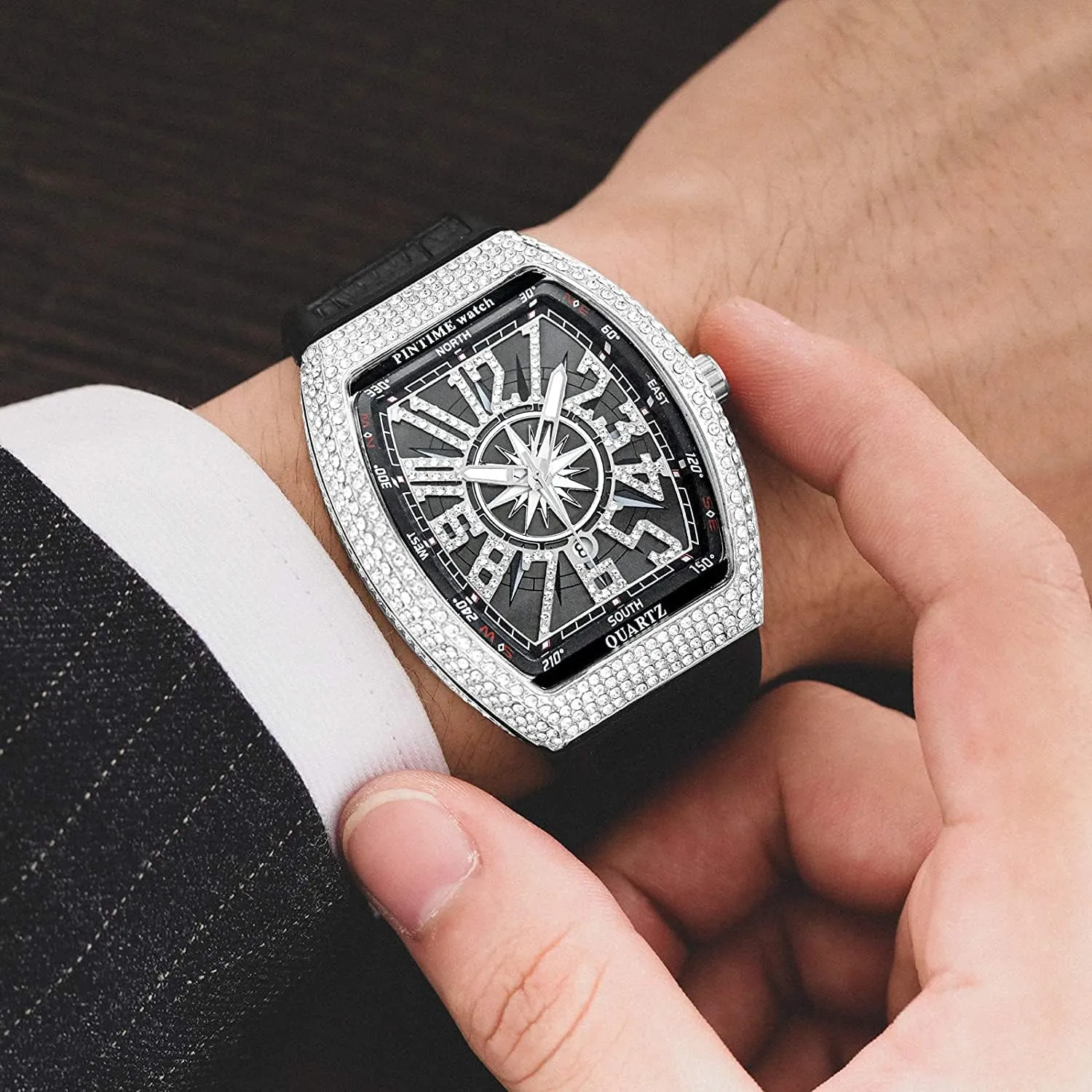 Gosasa Men's Fashion Cool Unique Tonneau Watch Bling Crystal Rhinestone Quartz Wristwatches with Rubber Strap