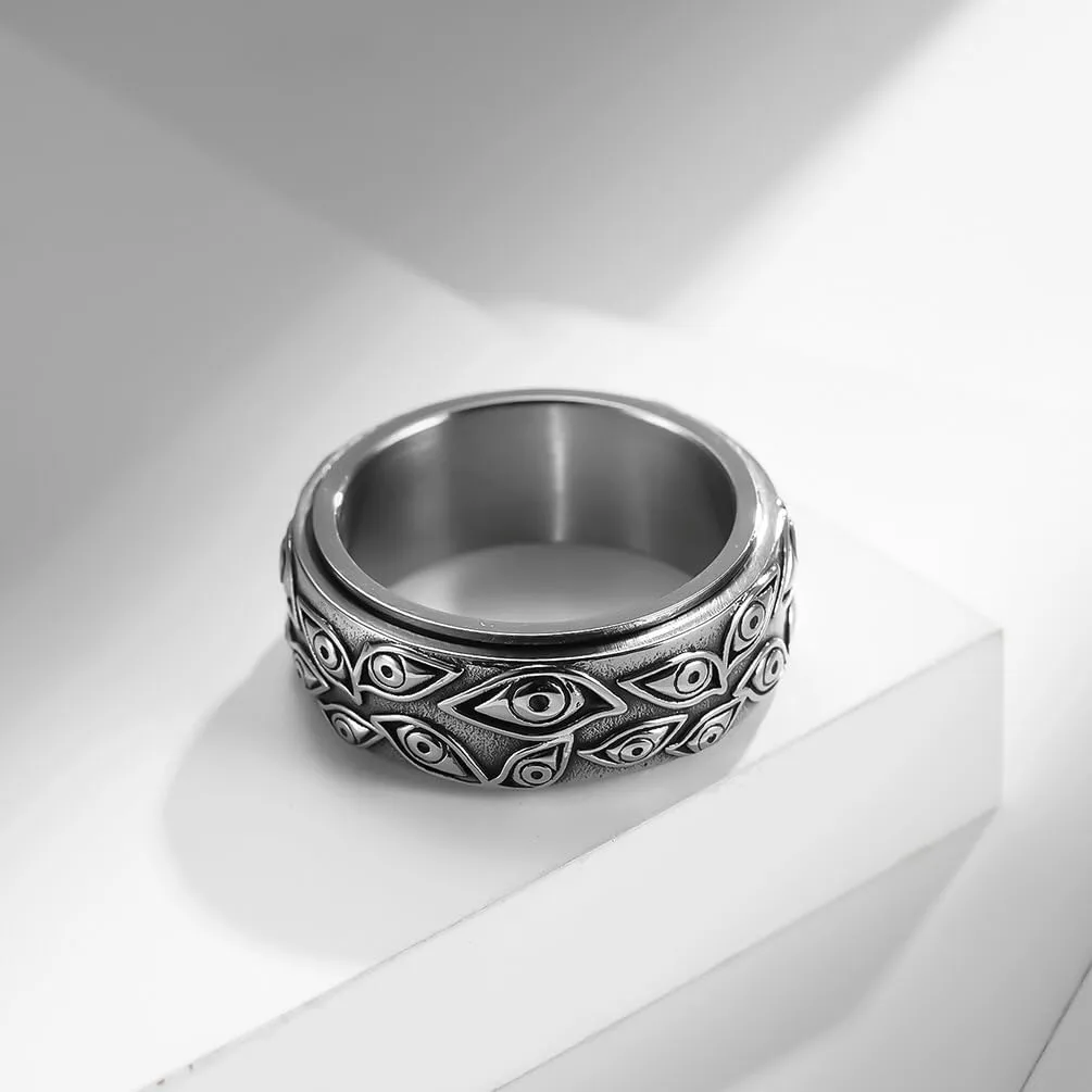 Gothic Evil Eye of God Rings,Stainless Steel Vintage Black Engraved Spinner Rings Fidget Band Stress Relieving Anxiety Jewelry Gifts for Men