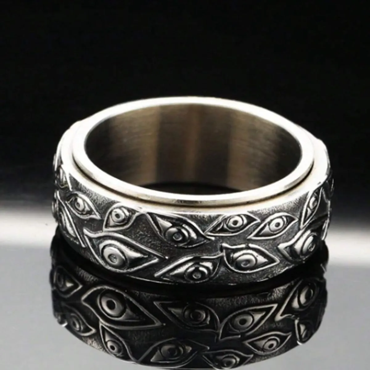 Gothic Evil Eye of God Rings,Stainless Steel Vintage Black Engraved Spinner Rings Fidget Band Stress Relieving Anxiety Jewelry Gifts for Men