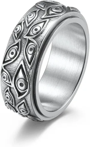 Gothic Evil Eye of God Rings,Stainless Steel Vintage Black Engraved Spinner Rings Fidget Band Stress Relieving Anxiety Jewelry Gifts for Men