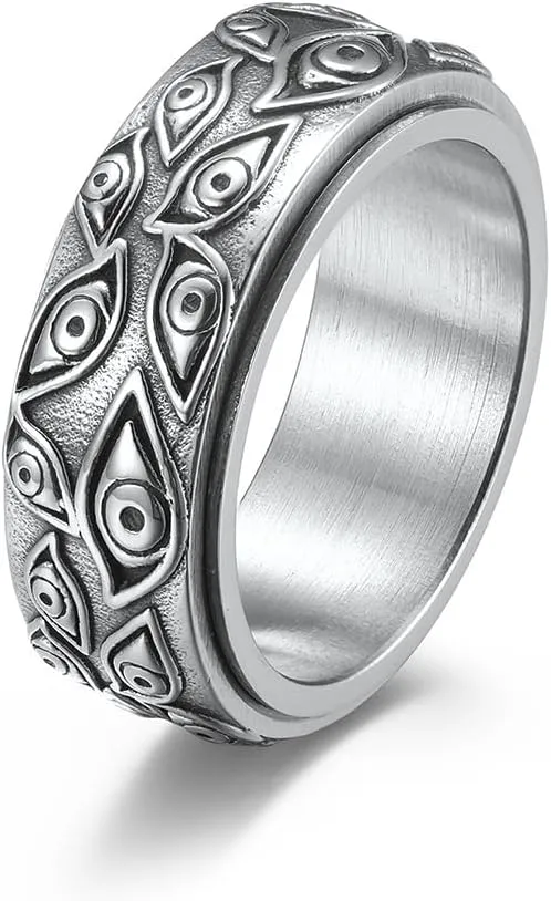 Gothic Evil Eye of God Rings,Stainless Steel Vintage Black Engraved Spinner Rings Fidget Band Stress Relieving Anxiety Jewelry Gifts for Men