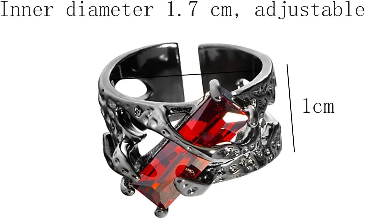 Gothic Ring for Women Men Chunky Unique Adjustable Irregular Lava Open Ring Statement Black Red Silver Colorful Crystal Goth Y2k Jewelry Gift