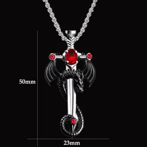 Gothic Sword Dragon Necklace for Men Women,Vintage Dragon Wrapped Sword Cross Pendant Necklace Punk Shiny Zircon Dragon Pendant Necklace Dark Gothic Jewelry