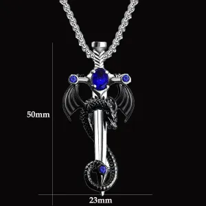 Gothic Sword Dragon Necklace for Men Women,Vintage Dragon Wrapped Sword Cross Pendant Necklace Punk Shiny Zircon Dragon Pendant Necklace Dark Gothic Jewelry