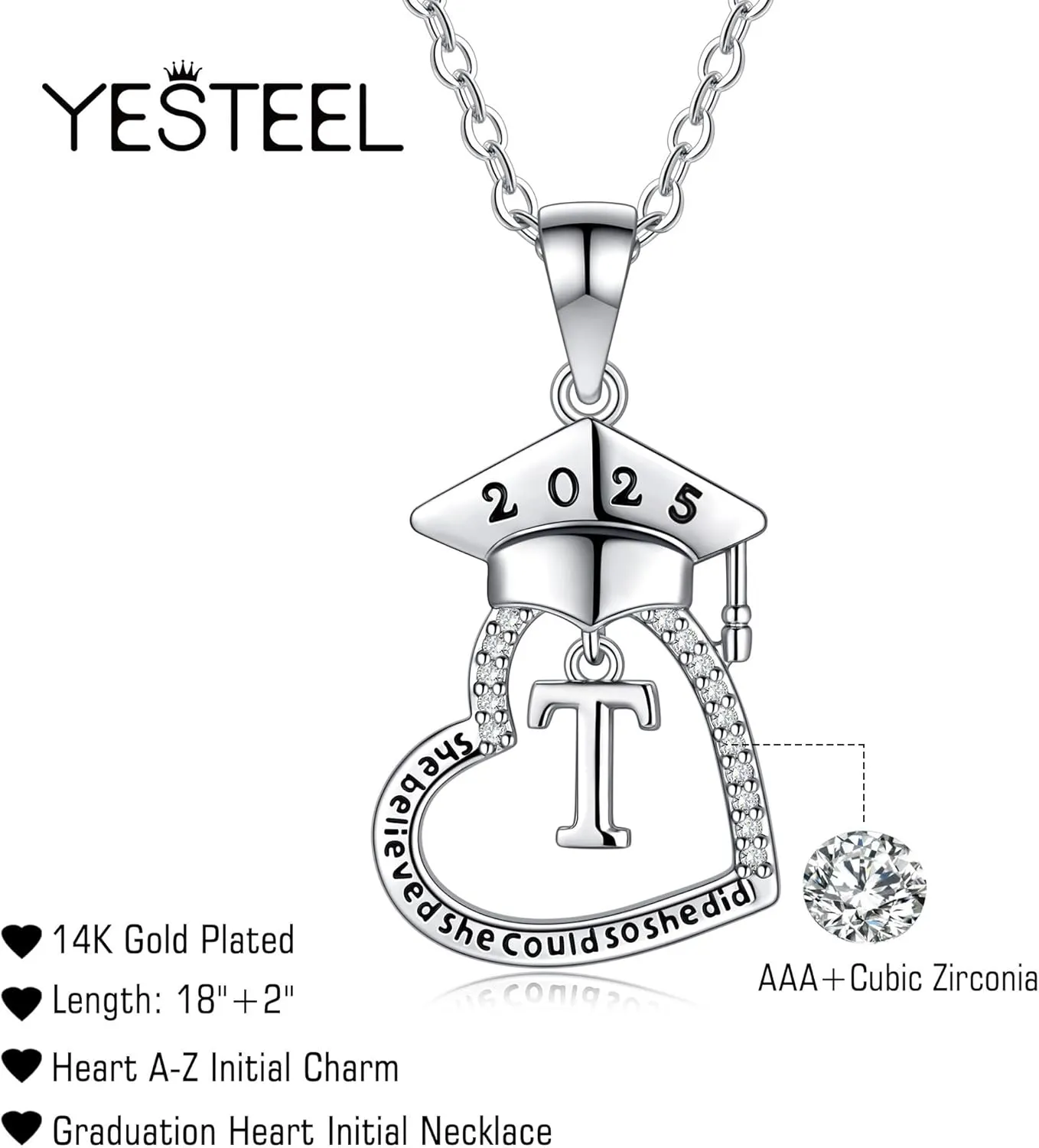 Graduation Gifts for Her, Class of 2025 High School College Graduation Gifts for Best Friends, 14K Gold Plated Cubic Zirconia Initial Heart Graduation Necklaces for Women Jewelry