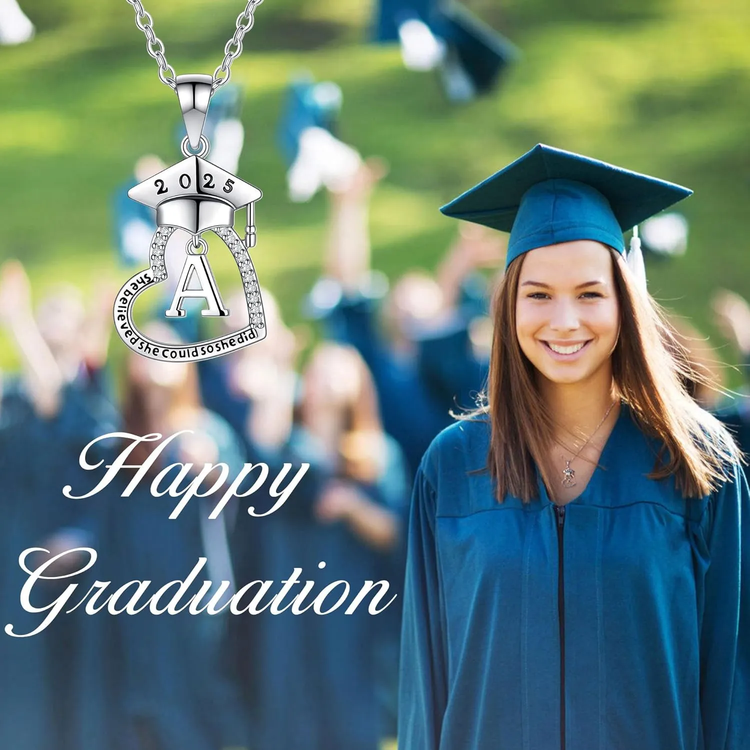 Graduation Gifts for Her, Class of 2025 High School College Graduation Gifts for Best Friends, 14K Gold Plated Cubic Zirconia Initial Heart Graduation Necklaces for Women Jewelry