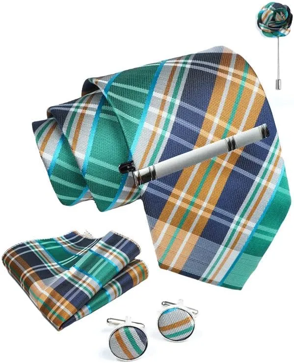 Green Checkered Ties For Men  Tie Set With Pocket Square Cufflinks Tie Clip Bar & Flower Brooch Pin For Mens (Pack of 5) (AXTS72)